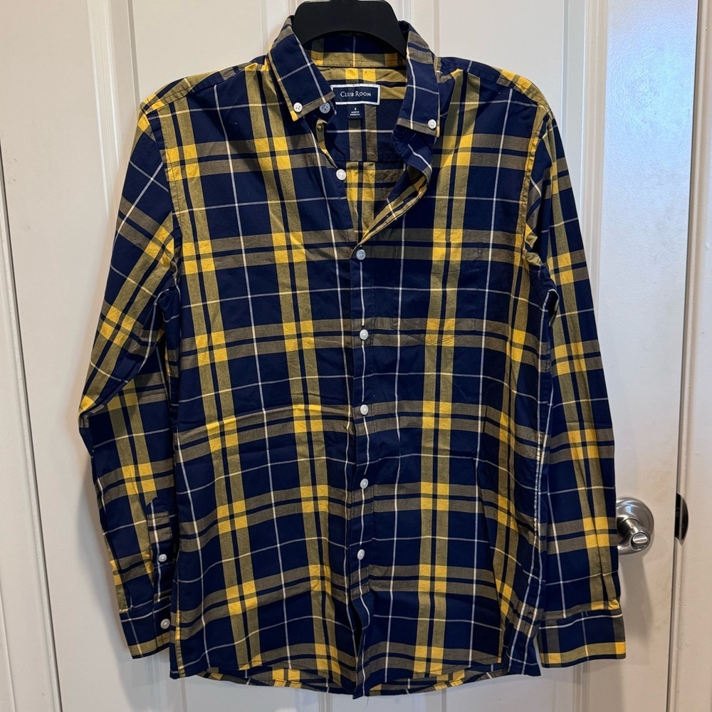 Club Room Men's Blue and Yellow Checkered Shirt